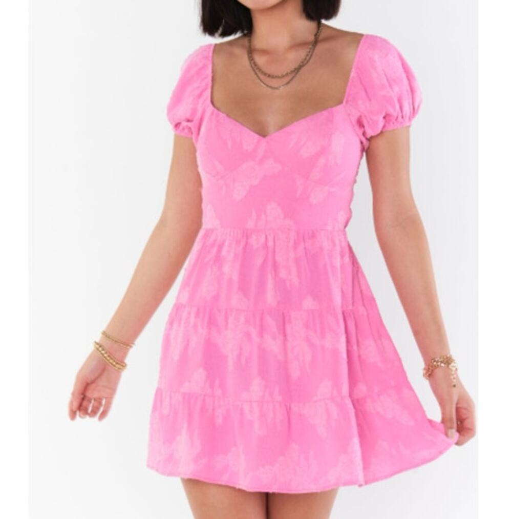 Show Me Your Mumu Cathy Mini Dress sz L Pink Clip Floral Open Back Coquette USA